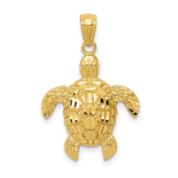 14k Yellow Gold Diamond-Cut Polished Sea Turtle Pendant 25mm x 17mm